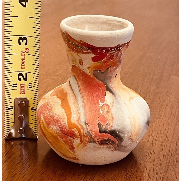 Nemadji Clay Pottery Vase Orange Blue Grey Swirls Indian Folk Art 3.5" USA - Picture 4 of 7